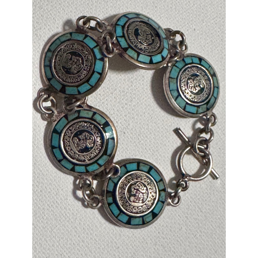 Vintage Sterling Silver 925 Mesoamerican Mayan Aztec Turquoise Mosaic Bracelet